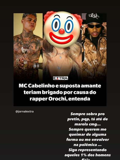 Rapper Orochi se revolta com envolvimento em término de Cabelinho e Bella