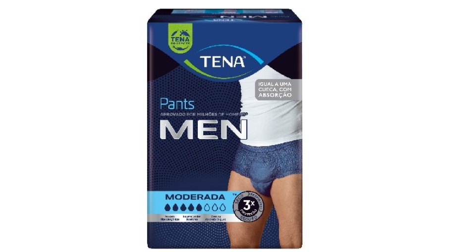 Com alto poder de absorção e design anatômico e discreto, a TENA Men Pants substitui a cueca e é indicada para a incontinência moderada