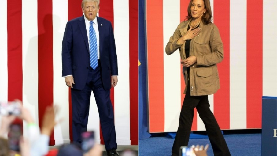 Montagem de fotos do ex-presidente Donald Trump e da vice-presidente Kamala Harris