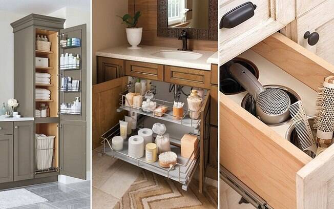 Cestos embutidos e prateleiras nos gabinetes do banheiro podem otimizar o espaço do pequeno armário