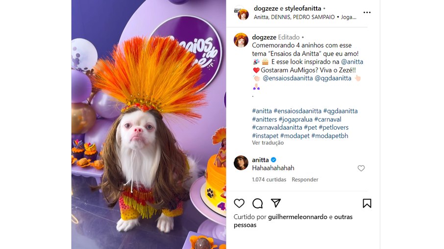 Anitta reage a postagem de cachorro Zezé