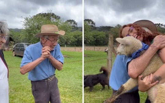 Idoso de 93 anos se emociona ao ganhar casal de carneiros
