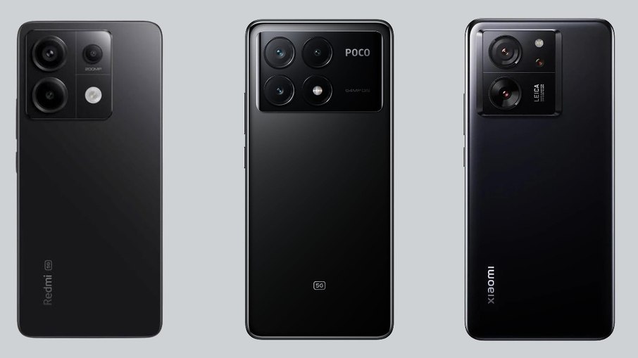 Da esquerda para a direita: smartphones Redmi Note 13 Pro, Poco X6 Pro e Xiaomi 13T Pro