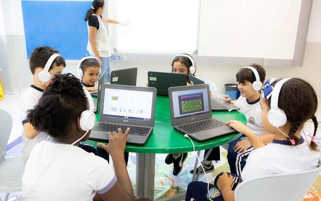Alunos usando Chromebooks em sala de aula