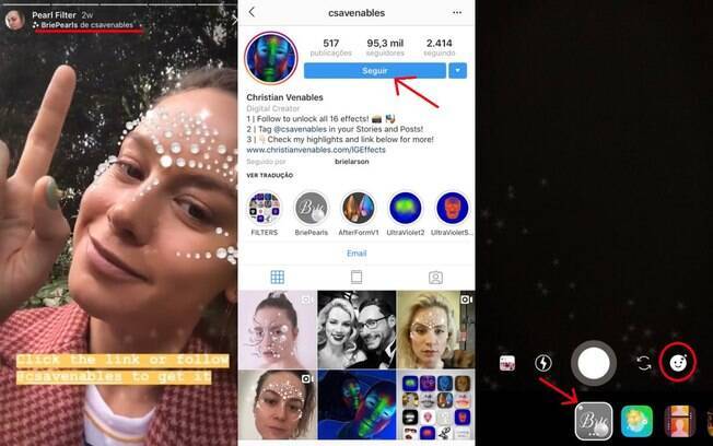 Para conseguir os filtros do Instagram, é só clicar nos links que aparecem acima dos stories ou seguir perfis de criadores
