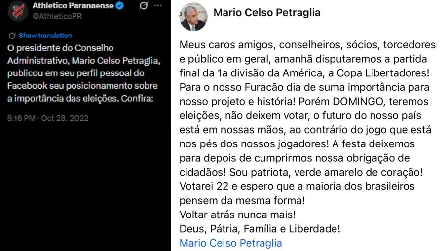 Post do Athletico-PR com o apoio de Petraglia a Bolsonaro