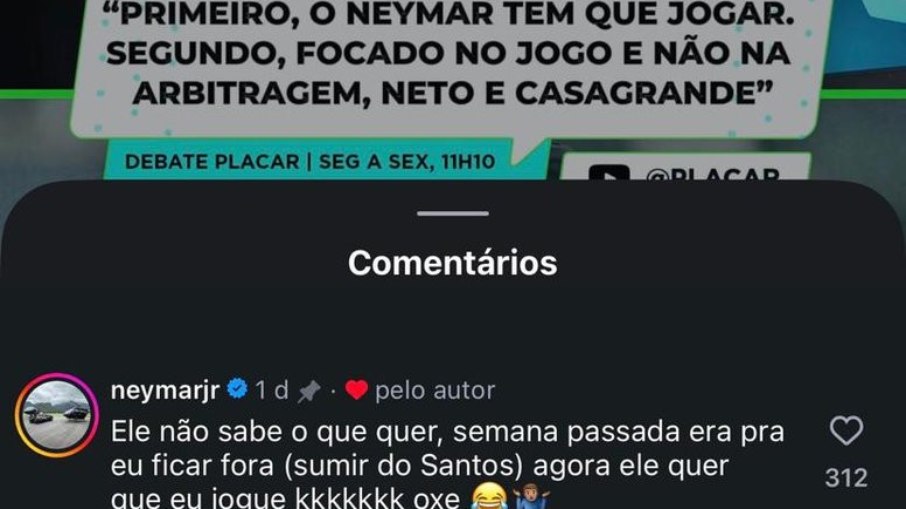Neymar responde a jornalista sobre jogar contra o Palmeiras fora de casa