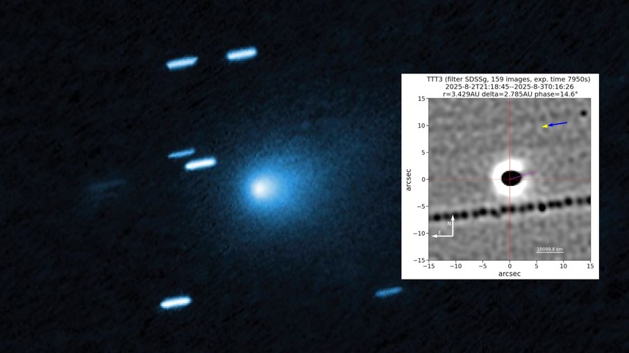 Cometa 3I/ATLAS é visto com jato de poeira em direção ao Sol Cometa 3I/ATLAS é visto com jato de poeira em direção ao Sol