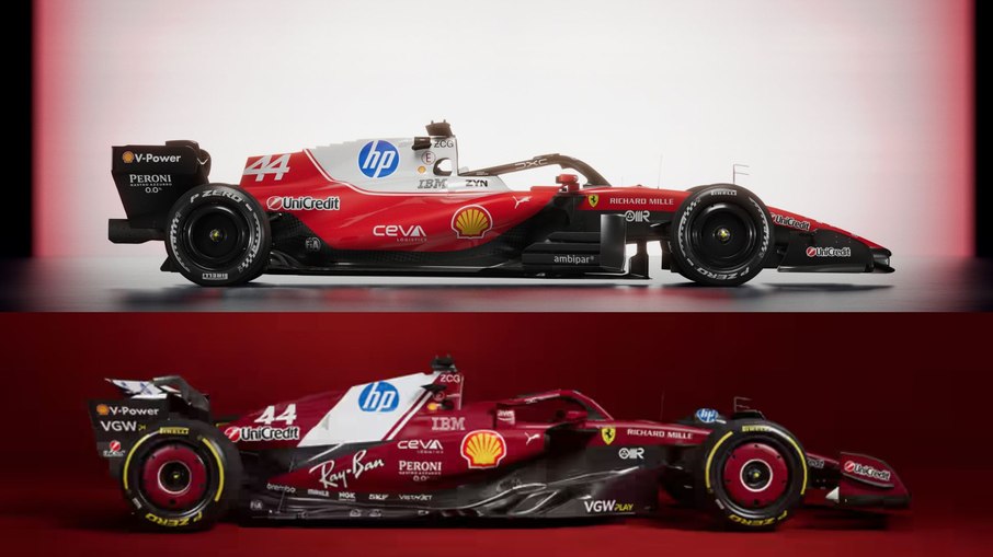 Carro da Ferrari para 2026 (acima) em comparação ao modelo de 2025