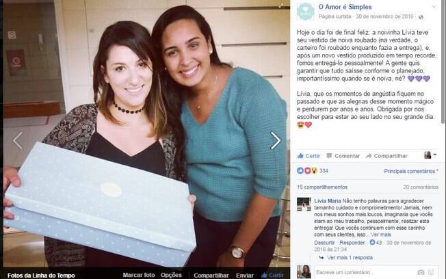 A empresária Laís Ribeiro e a noiva Lívia no dia em que a consumidora foi surpreendida com a entrega de seu vestido