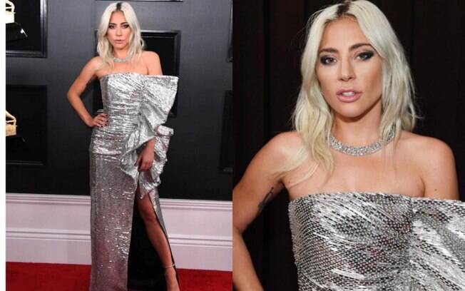 Looks das famosas: o vestido Celine de Lady Gaga chamou atenção pelo brilho, fenda e babados que deixaram o visual 'glam'