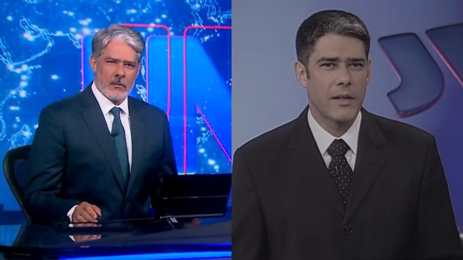 William Bonner na bancada do Jornal Nacional nesta terça-feira (28) e em 2005 William Bonner na bancada do Jornal Nacional nesta terça-feira (28) e em 2005