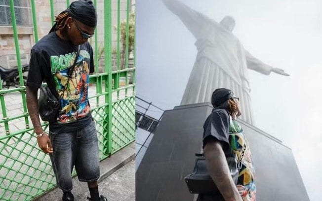 Rafael Leão esteve no Cristo Redentor e utilizou uma camisa com imagens de Ronaldinho Gaúcho