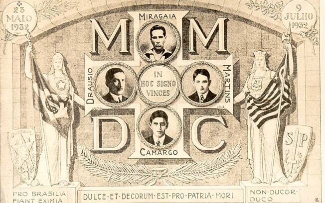 Cartão postal histórico em homenagem ao MMCD -  Miragaia, Martins, Drausio e Camargo os quatro estudantes mortos pela ditadura Vargas. Em latim estão as frases: 