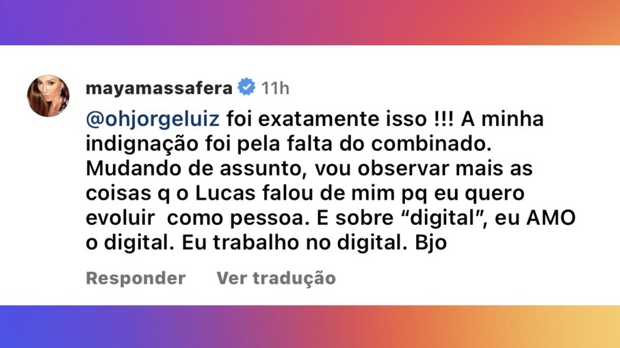 ... mais um print e mais um comentário de Maya Massafera no Instagram