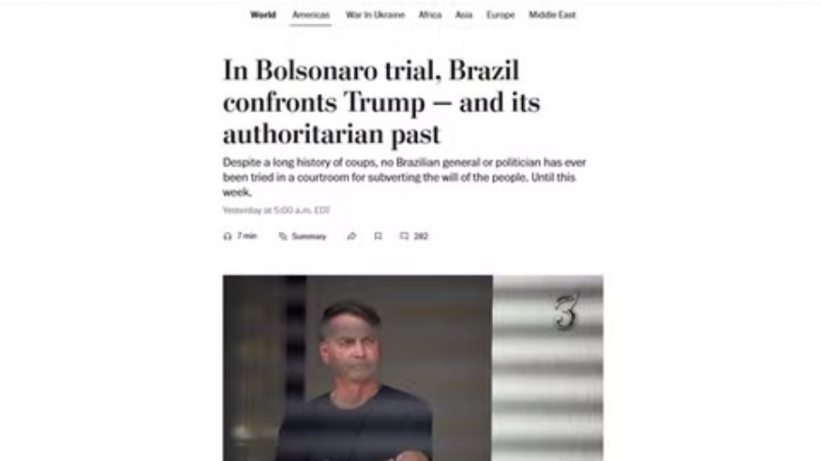 Reportagem do jornal 'The Washington Post', dos Estados Unidos, sobre o início do julgamento de Bolsonaro.