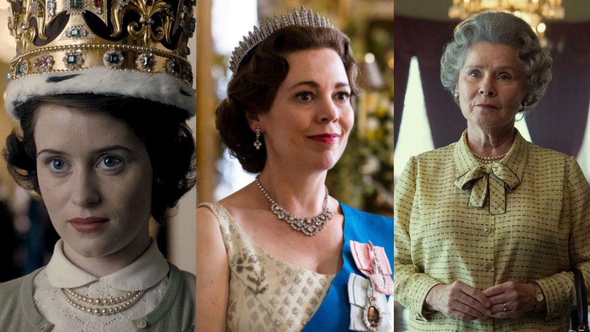 Claire Foy, Olivia Colman e Imelda Staunton interpretando a Rainha Elizabeth