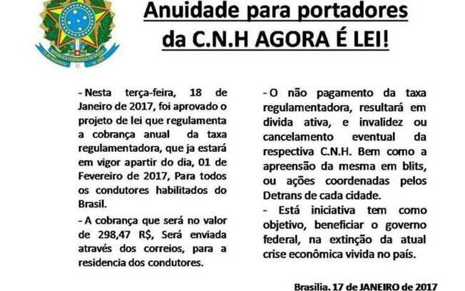 Notícia falta circula pela internet imita Diário Oficial da União e diz que CNH terá cobrança anual.