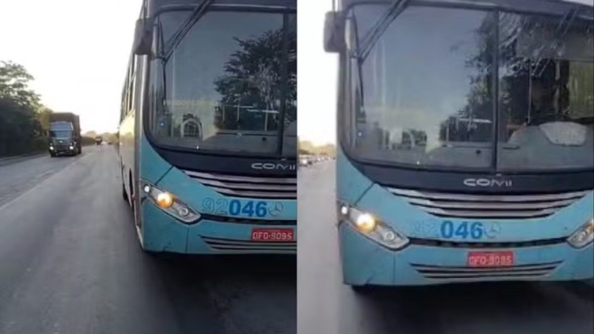 Motociclista registra ônibus escolar andando de ré na contramão na BR-343