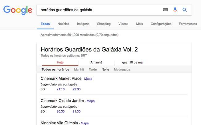Google informa o horário das sessões do filme desejado nas salas mais próximas ao usuário