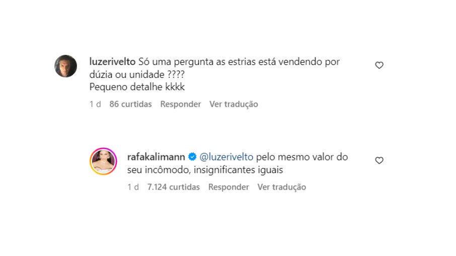 Rafa Kalimann responde comentário maldoso