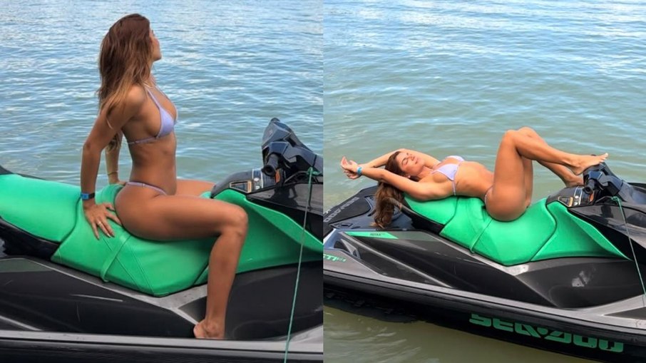 Hariany Almeida curte paisagem paradisíaca e exibe boa forma