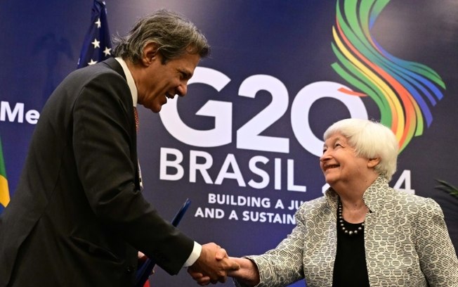 O ministro da Fazenda, Fernando Haddad, e a secretária do Tesouro americana, Janet Yellen, durante reunião do G20 no Rio de Janeiro