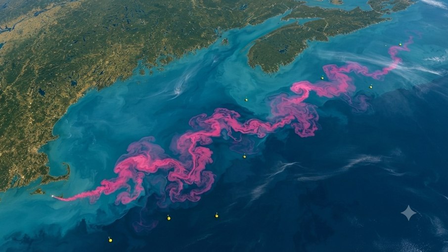 Imagem de satélite da soda cáustica no Golfo do Maine