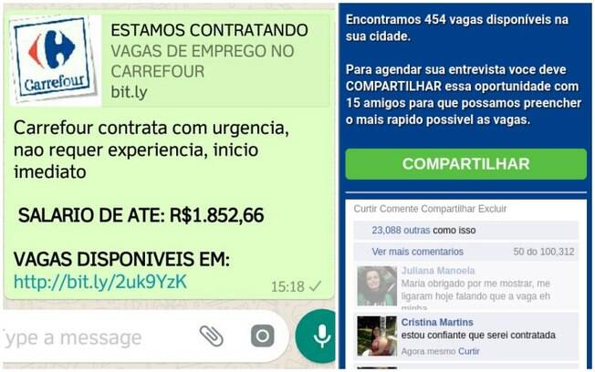 Golpe compartilhado pelo WhatsApp promete centenas de vagas de emprego na rede de supermercados Carrefour