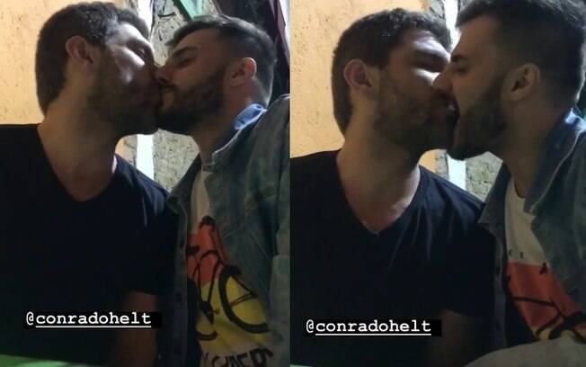 Hugo Bonemer e o namorado, Conrado Helt, beijam muito durante passeio no Rio