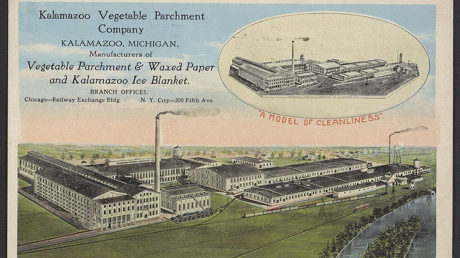 Cartão postal da Kalamazoo Vegetable Parchment Company com o slogan Cartão postal da Kalamazoo Vegetable Parchment Company com o slogan