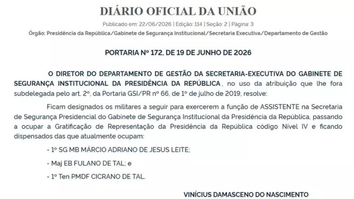DOU de 22 de junho de 2026 nomeia 'Fulano' e 'Cicrano' para cargos do GSI