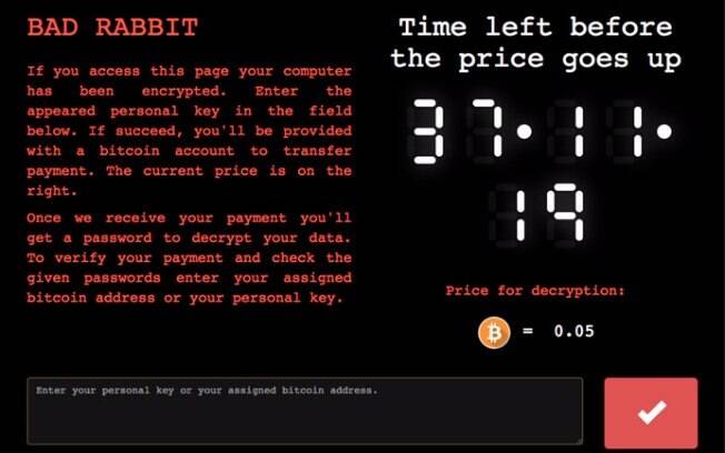 Vírus Bad Rabbit exige pagamento de 0,05 Bitcoin e aumenta o valor após determinado tempo