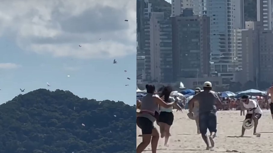 Helicóptero faz 'chover' dinheiro em praia de Balneário Camboriú (SC)