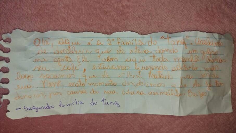 Bilhete escrito pela segunda família foi colocado na coleira do bichano