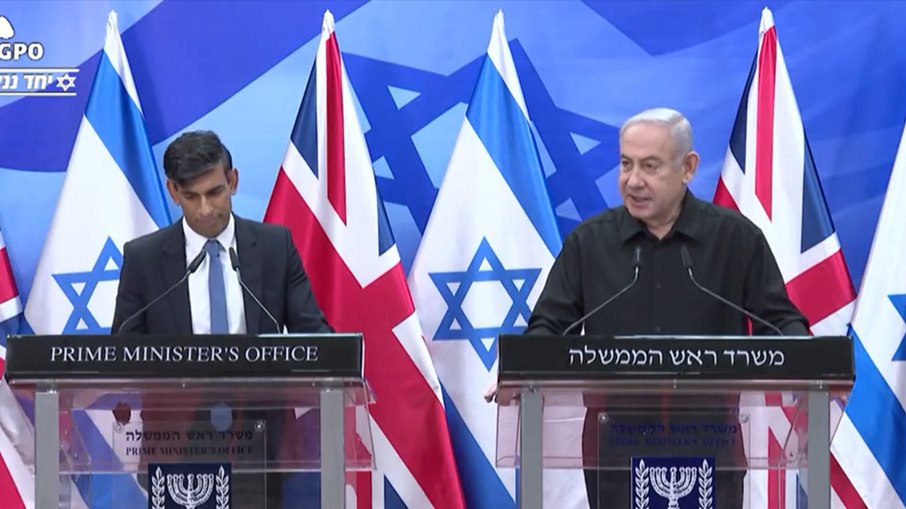 Rishi Sunak, premiê britânico e Benjamin Netanyahu, premiê israelense