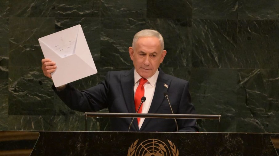 O primeiro-ministro de Israel, Benjamin Netanyahu, na Assembleia da ONU O primeiro-ministro de Israel, Benjamin Netanyahu, na Assembleia da ONU