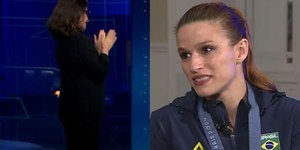 Renata Vasconcellos quebra protocolo no 'Jornal Nacional' para tietar medalhista olímpica