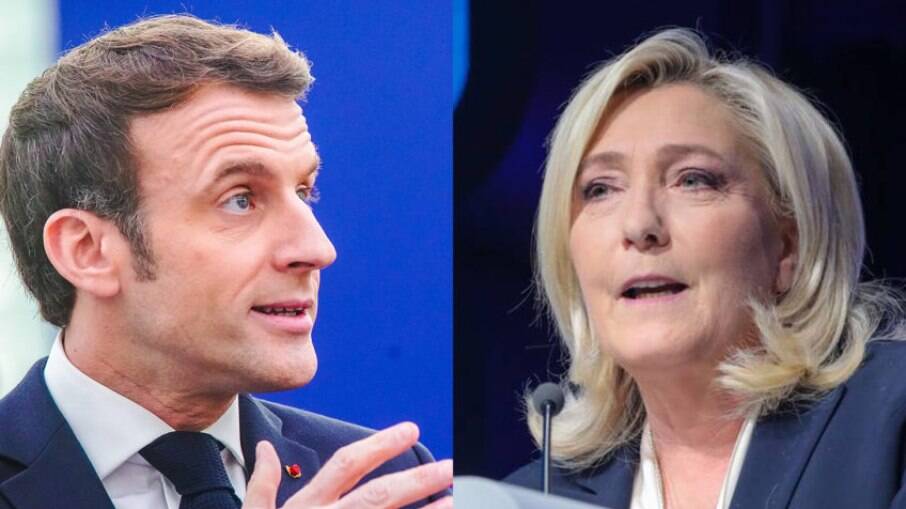 O atual presidente da França, Emmanuel Macron (esq.) e a líder do Reagrupamento Nacional, Marine Le Pen