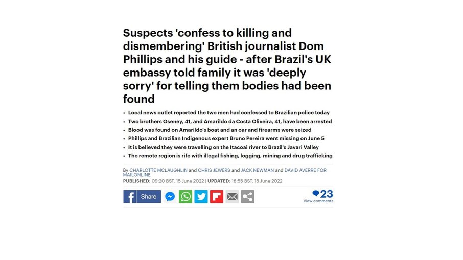 Matéria do Dailymail sobre a morte de Dom e Bruno