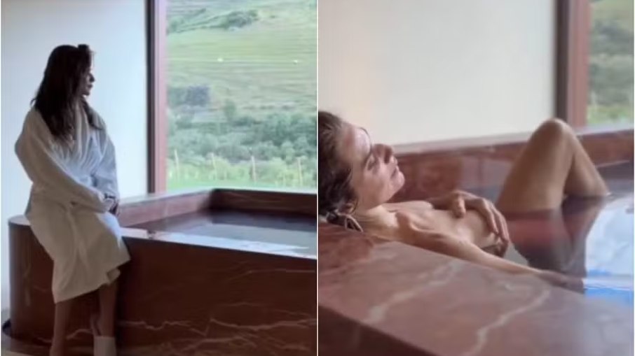 Leticia Spiller faz topless em banheira após vinoterapia em Portugal Leticia Spiller faz topless em banheira após vinoterapia em Portugal