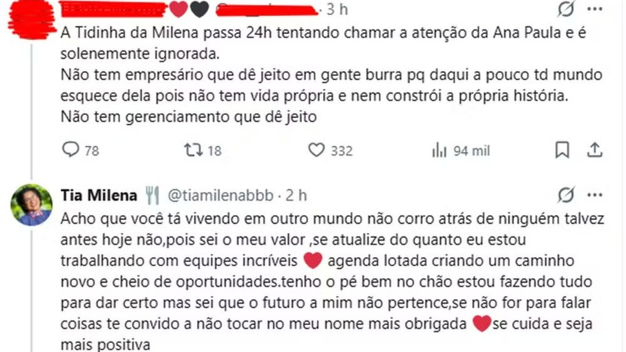 Tia Milena responde comentário no X