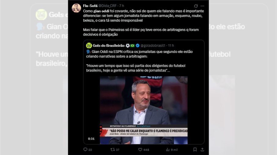 Torcedores do Flamengo criticam fala de Gian Oddi sobre críticas à arbitragem