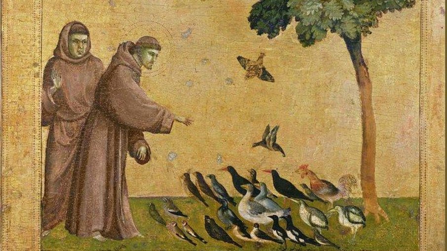 São Francisco Prega aos Pássaros, parte do retábulo de São Francisco Recebendo os Estigmas atribuído a Giotto di Bondone, pintado por volta de 1295–1300