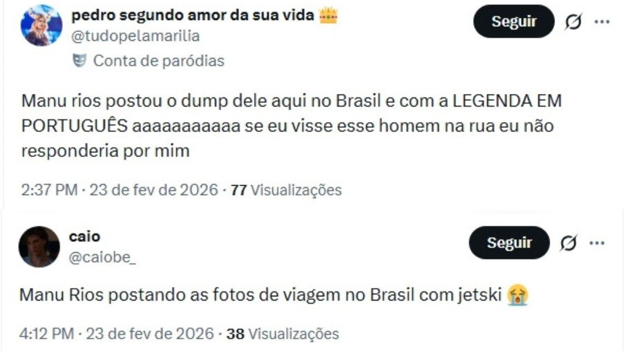 Comentários no X (antigo Twitter) sobre a passagem de Manu Ríos no Brasil Comentários no X (antigo Twitter) sobre a passagem de Manu Ríos no Brasil