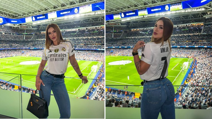 Virginia posa com camisa do Real Madrid com nome de Vini Jr.