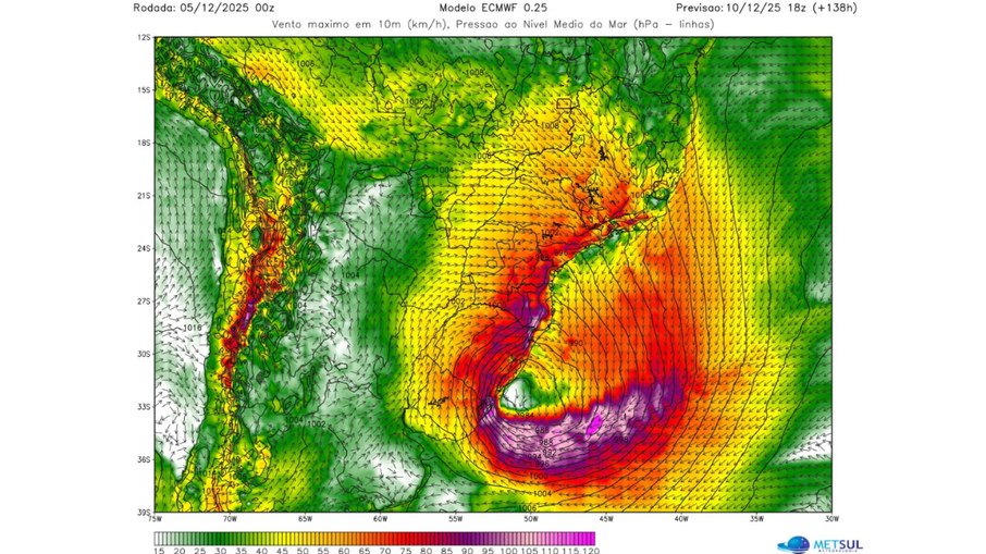 Projeção de ventos do ciclone para a tarde de quarta (09)