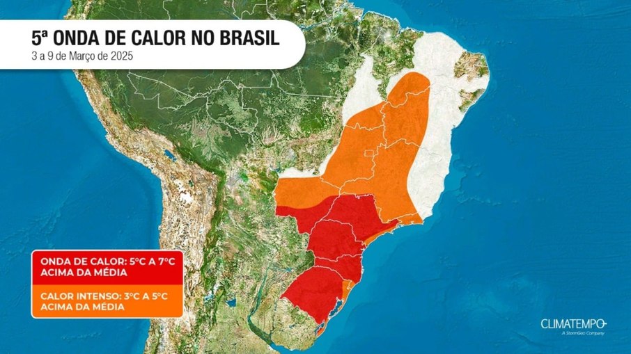 Mapa de onda de calor que vai até dia 09 de Março de 2025
