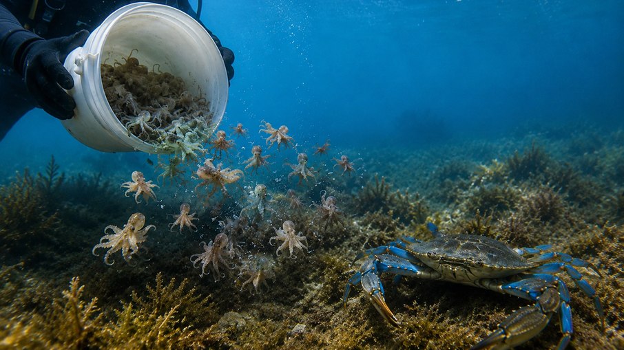 Cientistas soltaram 130 mil filhotes de polvo para conter ameaça do caranguejo-azul
