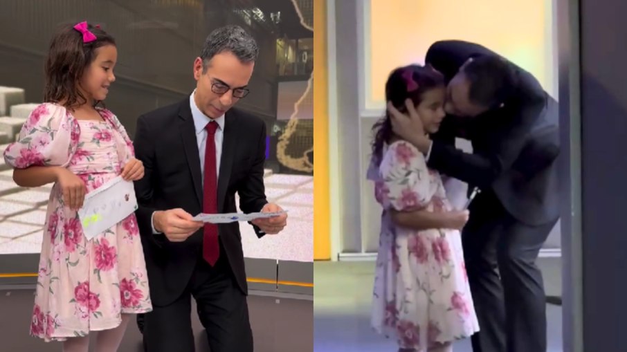 Cesar Tralli se derrete com surpresa da filha nos bastidores da Globo; veja o vídeo